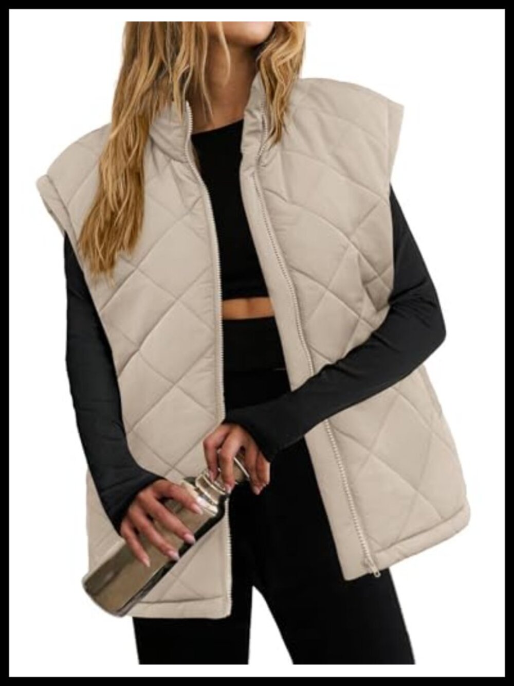 Oversized Quilted Puffer Vest Zip Up Stand Collar Lightweight Sleeveless